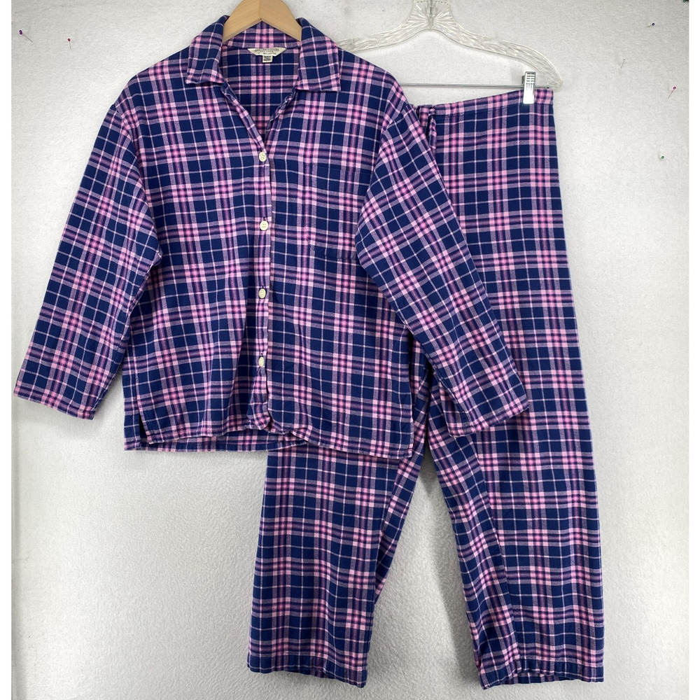 BONSOIR Pajama Set Womens M Flannel Brushed Cotton Plaid Shirt Pants Purple
